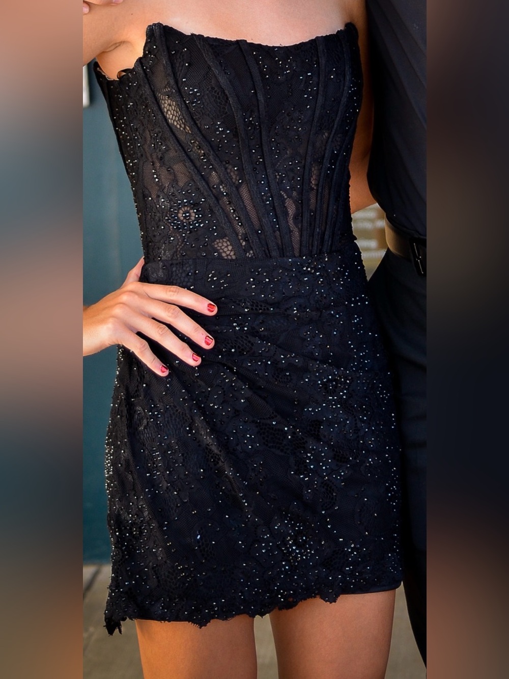 Sherri Hill Black Strapless Lace Cocktail Dress with Sequin Accents